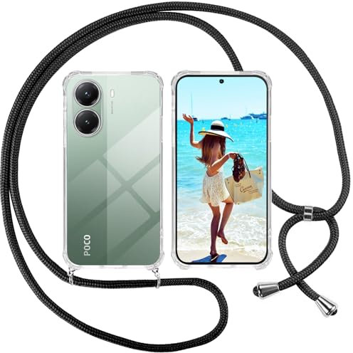 ISOI Funda con Cuerda para Xiaomi Poco X7 Pro, Carcasa Transparente TPU Suave Silicona Case con Correa Colgante Ajustable Collar Correa de Cuello Cadena Cordón, Negro