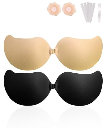 GOZINA Sticky Bra for Women, Stick on Bra Push Up, Invisible Sticky Bras Breathable Backless Push Up Bra, Reusable Adhesive Strapless Bra for Evening Dress (UK, Cup & Band, A, Black + Skin Color)