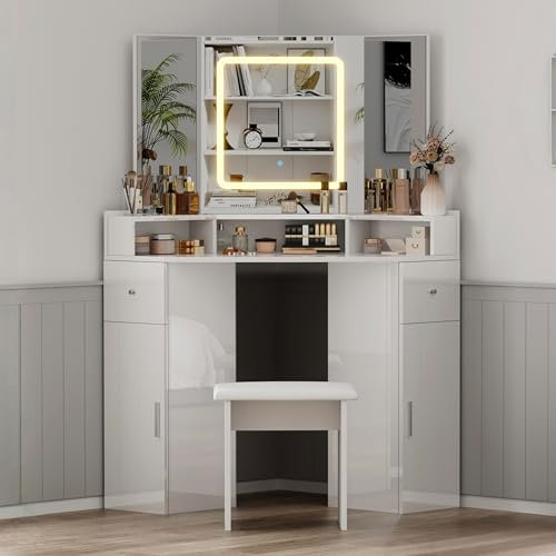LSLIFE High Gloss Corner Dressing Table with Mirror and Stool, Corner Curved Vanity Makeup Desk with 3 Color Dimmable LED Lights 2 Drawers Bedroom Make Up Table Set for Women Girls 105 (L) x 140(H) cm