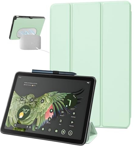 SSS·GRGB Case for 11-inch Google Pixel Tablet 2023 Release, Adjustable Viewing Angle Protective Trifold Stand Slim Cover with Pencil Holder Compatible with Charging Speaker Dock (Light Green)