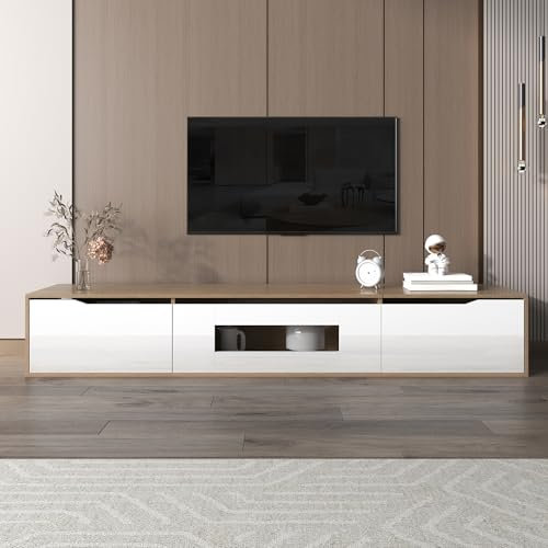 Jaxenor 180 cm TV Schrank mit 16-Farbwechselnder LED-Beleuchtung, Modern Lowboard Wohnzimmer, Hochglanz TV Board Hängend mit DREI Türen, Fernsehschrank, Weiß-Holzfarbe
