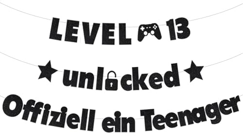 Xietaea Deko 13 Geburtstag Junge Mädchen - 13 Geburtstagsdeko Videospiele Gamepad Level 13 Unlocked Girlande, Glitzer Offiziell Teenager Banner für 13 Geburtstagsfeier Dekoration (Schwarz)