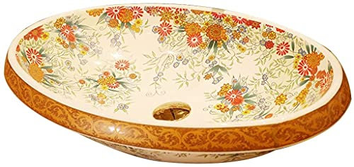 Lavabo de cerámica para Hotel, Estilo artístico, para bistró al Aire Libre, Lavabo de tocador, Lavabo Ovalado para el hogar, Lavabo de cerámica con diseño de Flores de Gesang,Red-59 * 39 * 14.5cm