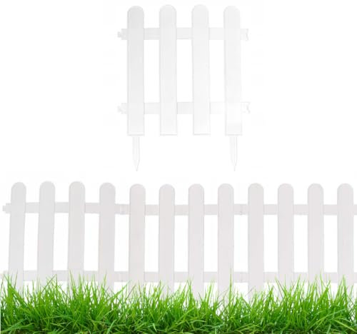 Gartenzaun Steckzaun 3m - Höhe 30 cm - Rasenkante Kunststoff - Beetumrandung - Zaunelemente für Garten - UV - & Frostbeständig, Flexibel - mit Befestigungszubehör Weiß