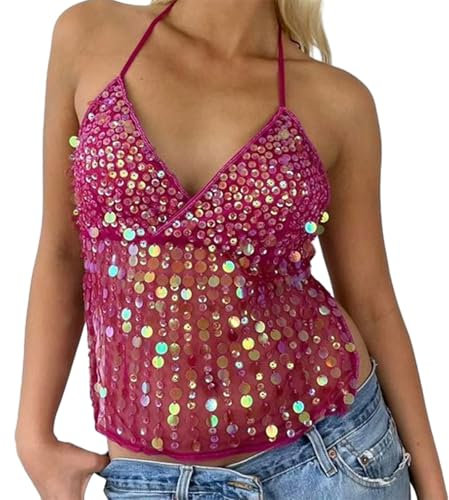 XIXIMAON Débardeur à Paillettes Femme Haut Sexy à Sequins Brillants Top Dos Nu Col en V sans Manches pour Soirée Disco Fête Y2K Clubwear (Rose Rouge, S)