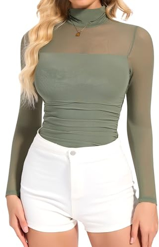 SHAPERIN Mesh Bodysuit Long Sleeve Women Sexy Sheer Mesh Bodysuits Tops Mock Turtle Neck Going Out Party Club