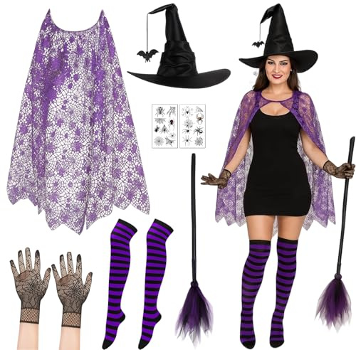 KAZGVN Wizard Costume, Halloween Costumes, 7 Pcs Halloween Wizard Outfit with Spider Web Cape, Wizard Hat, Broom, Gloves, Socks and Tattoos, Adult Women Girls Wizard Costume for Halloween Party