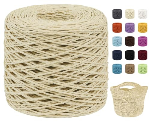 Uiopa Raffia Yarn for Crochet, 2mm x 200m Raffia Paper String Straw Crochet Yarn for Crocheting Beach Bags, Sun Hats, Home Decor, DIY Crafts (Khaki)