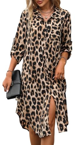 SweatyRocks Hemdblusenkleid Damen Langarm Knielang Elegantes Leoparden Kleid Blusenkleid Herbstkleid Langes Leo Kleid Tunikakleid Mit Tasche