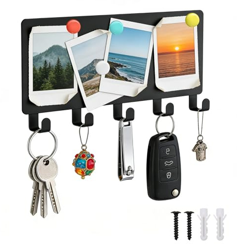 Schlüsselbrett Modern Wand aus Metall Mit 5 Haken, Schlüsselhaken Board Aufhänger, Schlüsselhalter Fotos & Haftnotizen Anbringen, Dekoratives Schlüssel Organizer, Key Holder Für Flur/Eingang/Büro