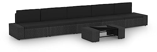 Ordellia Salon de jardin 6 pièces en polyrotin noir avec coussins, table basse en verre trempé, modulable, pour terrasse et balcon