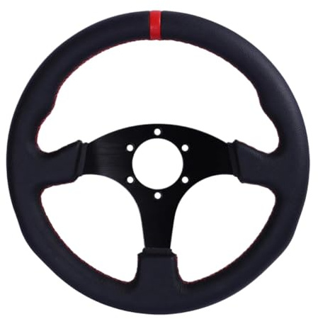 Flat Steering Wheel 330mm 13Inch Leather Aluminum Frame Racing Drift Pc Game Steering Wheel Universal Compatible With(6028BK-ZP-RD-RD)