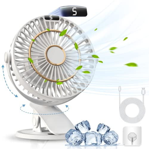 COZII Clip on Fan Rechargeable, Mini Desk Fan USB Silent Powerful, 5 Speeds with LED Display - 720° Rotatable Small Table Fan, 3 in 1 Battery Powered Fan for Pram, Office, Bedroom