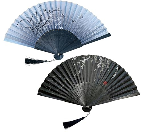 Gkhlg 2 Pack Folding Hand Fan Vintage Chinese Silk Hand Fan Lightweight Foldable Fan for Women Summer Cooling Wedding Party Stage Decoration Daily Use (Black+Blue)