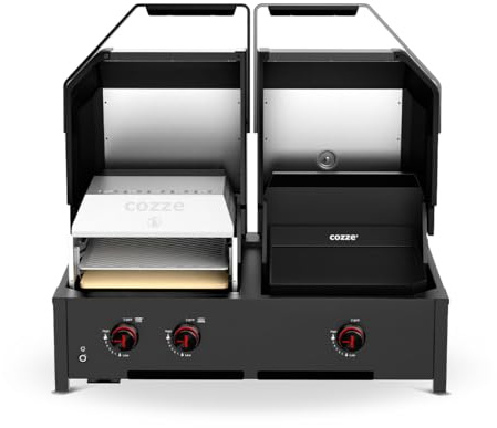 Cozze® Quattro 900 4-in-1 Gasgrill Station: Pizzaofen, Plancha, Grill & 800°C Steakzone – Inkl. Pizzastein & Gusseisenplatte mit 3 Brenner + Infrarot (13 kW)