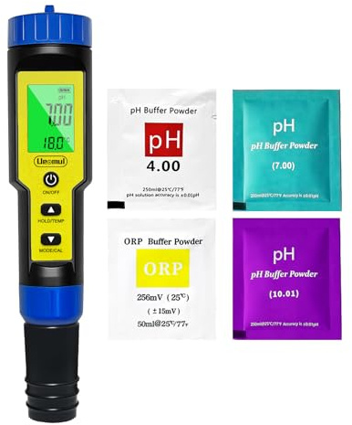 Ueomul Misuratore pH e Cloro Piscina 7 IN-1, Tester pH Cloro (FAC) TDS EC SALT ORP e Temperatura con ATC, pH Meter precisione elevata 0,01pH per acqua potabile, acquario, idroponica, e spa