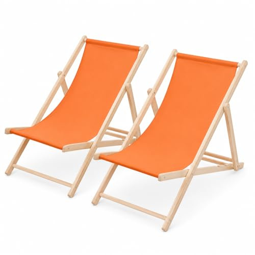 Easy Act Liegestuhl klappbar aus Holz – Strandliege & Gartenliege mit Verstellbarer Rückenlehne, belastbar bis 120 kg, Gartenliege, Relaxliege für Garten, Balkon & Terrasse (Orange, 2er Set)