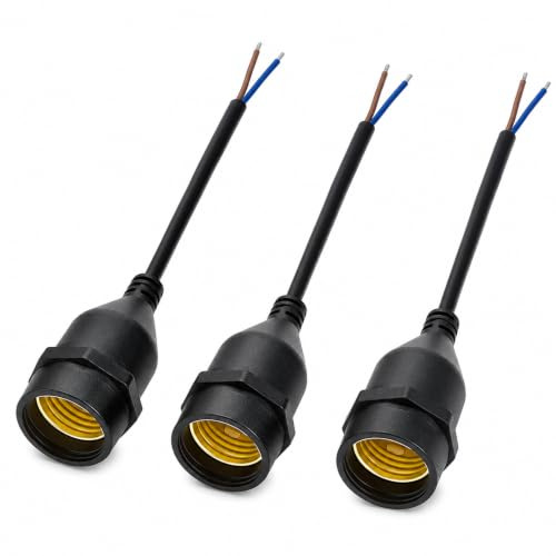 Leloco Baufassung E27 mit Kabel 20cm, PVC Wasserdicht Lampenfassung | 3 Stück E27 Fassung,Vollkupfer Glühbirnen Halterung 220V 100W Ideal als Renovierfassung & Baustellenlampe für Außenbereich