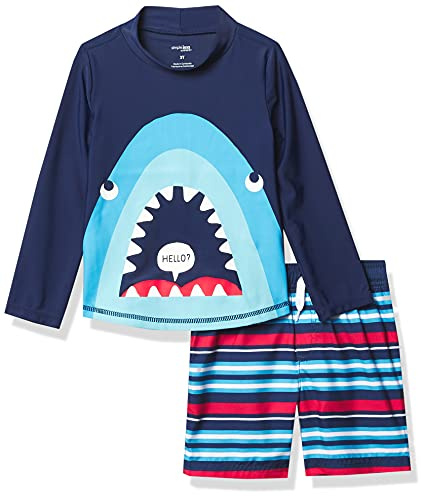 Simple Joys by Carter's Baby Jungen Swimsuit Trunk and Rashguard Rash-Guard-Set, Marineblau Haifisch/Rot Streifen, 5 Jahre