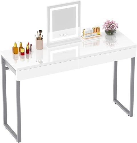 GreenForest Vanity Table 47’’ Gloss White Console Table Computer Makeup Desk With 2 Small Drawers And Solid Metal Legs For Living Room Entryway Hallways White