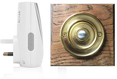 Byron Wireless Plug in Doorbell Kit with Period Style Brass Bell Push on a 110mm Square Jacobean Dark Oak Plinth