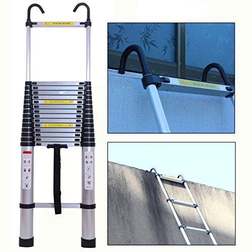 6.2M Extension Ladder Telescoping Ladder w/Detachable Safety Hook Aluminum Multi-Purpose Ladders for Outdoor Indoor Activities DIY Projectors Portable Folding Telescopic Ladder 150kg Max Load, EN131