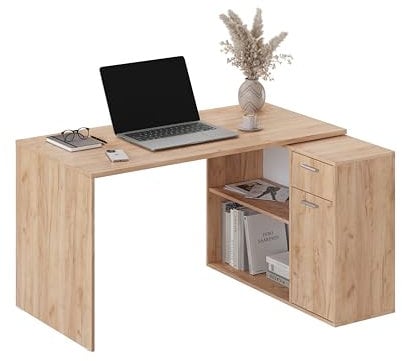 RICOO Eckschreibtisch Winkelschreibtisch Eckig L-Förmiger Schreibtisch - Bürotisch Winkelkombination WM083-EG - 136x101x75 cm - Eiche-Gold Ecktisch L-Form Regal Stauraum Schubladen Büro Arbeitszimmer