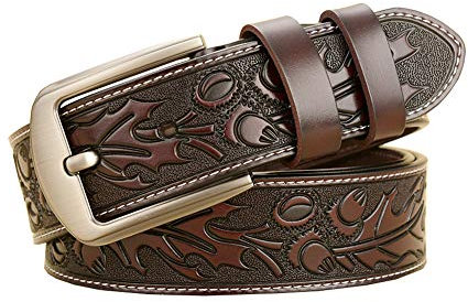 PACDE Western-Retro-Gürtel aus echtem Leder, Rindsleder, Jeans, Blumenprägung, Herrengürtel, coffee, 105cm