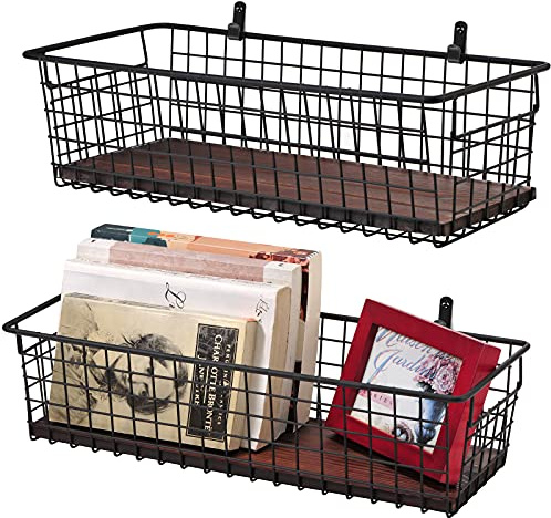 SheeChung 2 Set [Extra Large] Portable Metal Farmhouse Wall Decor Storage Organizer Basket Bin with Handles & Floating Shelves for Hanging in Bathroom, Kitchen, Office-Wall Mount Hooks, Black