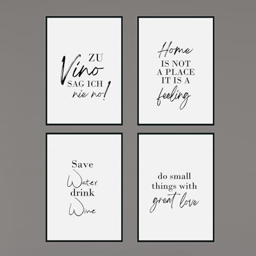 Set - Poster Bild DIN A4 - Zu Vino sag ich nie no - Die Geschenkidee für Weinliebhaber - Plakat Spruch lustiges Wein Geschenk Wine Sprüche Typografie schwarz weiß Küche Wohnzimmer Deko (Vino 4er Home)