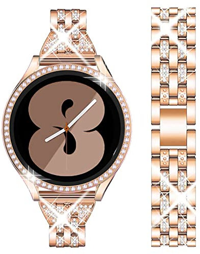 DEALELE Cinturino Compatibile con Samsung Galaxy Watch 4 / Galaxy Watch 5 40mm 44mm, Bracciale in Metallo Diamanti Strass 20mm con Custodia Protettiva + Proteggi Schermo Vetro Temperato, Oro rosa