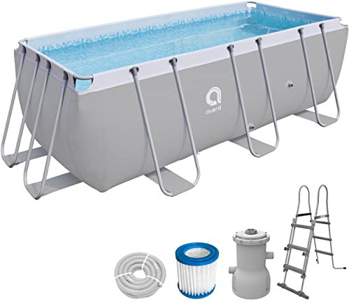 Avenli Pool 400 x 200 x 100 cm Stahlrahmen Aufstellpool Komplettset mit Leiter Filterpumpe Schläuchen und Filterkatusche Framepool rechteckig grau Swimming Schwimmbecken