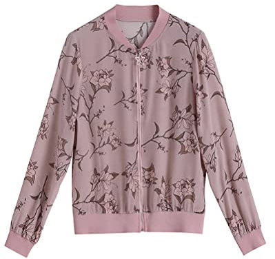Minetom Veste Femme Mousseline de Soie Été Léger Mince Bomber Blouson Outwear Zippé Imprimé Floral Court Jacket A Rose XL