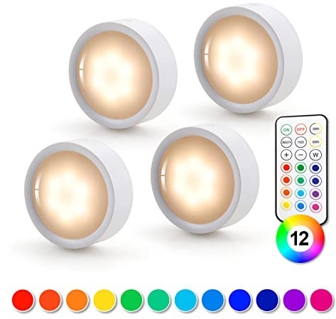 da LIGHT Led Unterbauleuchten 4er Set, RGBW Spots mit Fernbedienung, Kabellos Schrankleuchten Batteriebetrieben, Dimmbare Schrankbeleuchtung für Treppen Vitrine Schrank Küchen