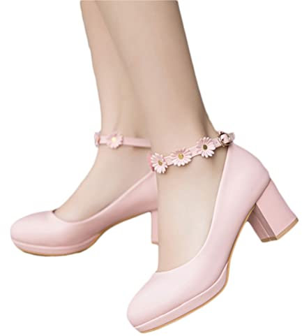 Onsoyours Damen Mary Jane Schuhe High Heels Pumps mit Blockabsatz Schuhe mit Perlen und Blumen B Rosa 38 EU
