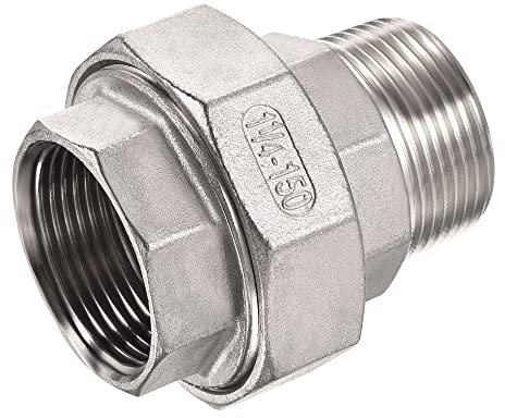 sourcing map Raccord de Tuyau Union 1-1/4PT Mâle x 1-1/4PT Filetage Femelle 304 Adaptateur à Tête Hexagonale en Acier Inoxydable pour Usine Industrielle Domestique, Argent