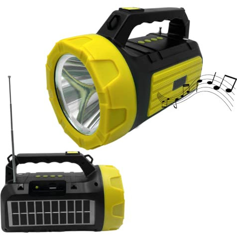 MAKA Torcia Solare Ricaricabile Portatile con Pannello Fotovoltaico Bluetooth Radio FM USB MP3 Micro SD Lampada Luce d'Emergenza 1200 mAh Luce Sicurezza IP65 6 Ore (Torcia + Bluetooth)