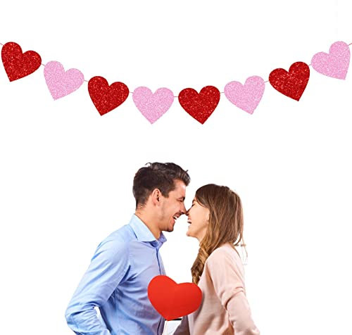 Abonda Be My Valentine Banner, Glitzer-Herz-Girlande, Banner, vormontiertes Urlaubsbanner Ornament für Hochzeit, Verlobung, Party, Heimdekoration