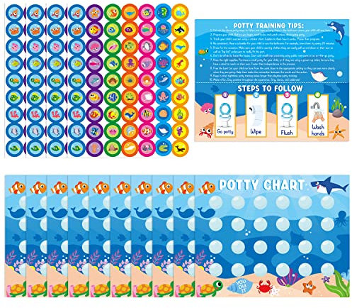 GROBRO7 15Pcs Ocean Animal Potty Training Chart, Meer Tiere Toilette Ausbildung Belohnung Charts mit Aufklebern, Haie Seestern Krabben Meeresschildkröten Verhalten Belohnung Chart für Kleinkinder