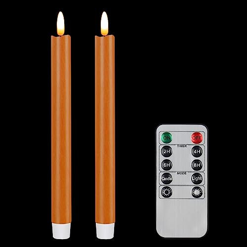 CVHOMEDECO. Flammenlose Stabkerzen mit 10-Tasten-Fernbedienung, batteriebetrieben, 3D-Docht, Fensterkerzen, Zuhause, Weihnachten, Party, Dekoration, 2 Stück, Orange