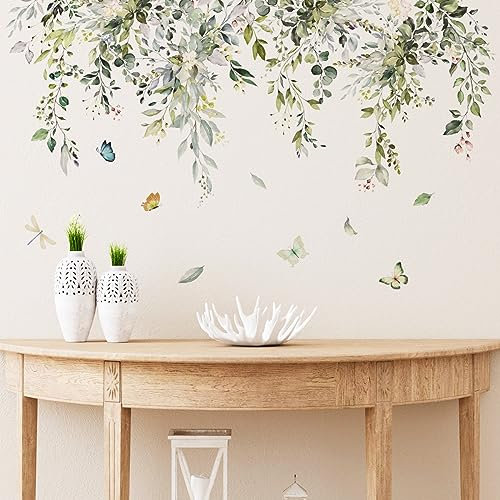 Runtoo Green Plant Leaves Wall Decals Hanging Vine Flower Leaf Wall Stickers for Bedroom Living Room Wall Art Decor