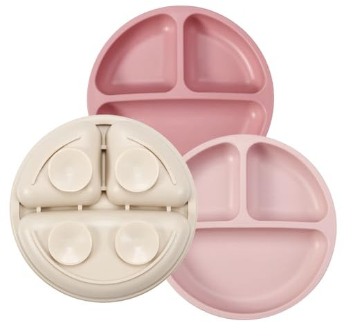PandaEar Lot de 3 assiettes divisées en silicone incassable pour bébé et tout-petit - Antidérapantes - Passe au lave-vaisselle et au micro-ondes - Silicone (Rose/Lin/Rose Clair)