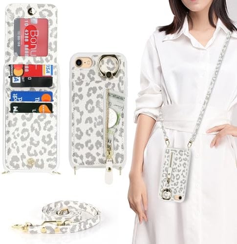 Zouzt for iPhone SE 2022/2020/3rd/2rd / iPhone 8/7 4.7 Inch Case with Cord and Card Holde, Zipper Wallet Case with Crossbody Lanyard Ring Adjustable Necklace Protective Cover Women - White Leopard