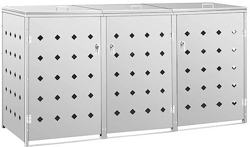 Willood Mülltonnenbox für 240L Edelstahl Müllbox mit Belüftungssystem Abschließbar Gartenbox Silber 3 Tonnen