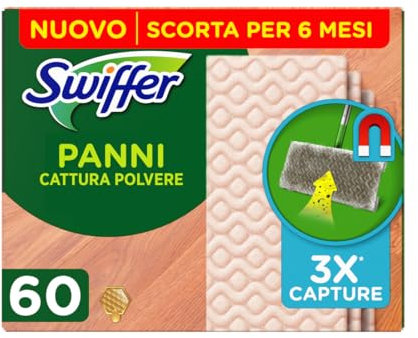 Swiffer Panni Catturapolvere, 60 Panni Microfibra Parquet, Panni Cattura Polvere e Sporco, Ottimo per Pavimenti con Cera d'Api e per i Peli di Animali, Fino al 95% di Allergeni in Meno