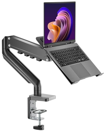 HIPPOFLEX Laptop Desk Mount with Gas Spring Arm, 2 in 1 Laptop Monitor Stand for 12-17 inch Notebook and 13-32 Computer Screen, Holds 3.3-17.6lbs, with Adjustable Vented Tray, Clamp/Grommet Base