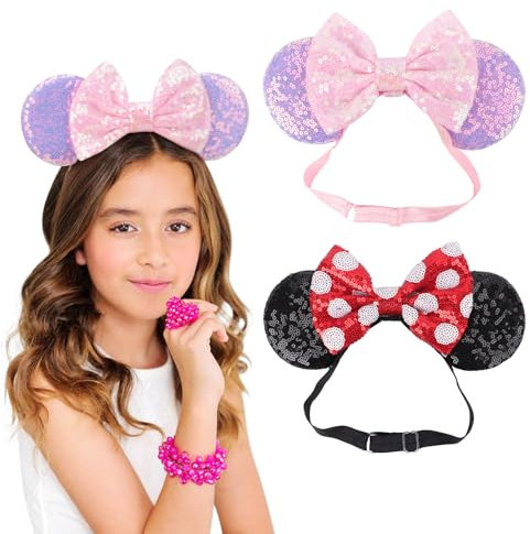 DRESHOW Minnie Oreilles Bandeaux Souris Oreilles Paillettes Arc Bandeaux Ajustable élastique Bandeau Paillettes Fête Décoration Costume Cosplay pour Femmes
