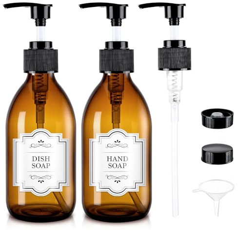 Amber Glass Soap Dispenser with Pump 8 oz, Homepicker Lotion Bottle with Pump for Body Oil, 250ml Hand and Dish Soap Dispensers Set with 1 Extra Pump, Black Caps, Labels - 2 Pack