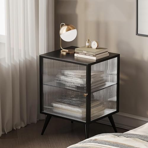 Minimalistischer Nachttisch aus Glas, stabiler Stahlrahmen mit Schublade, Kommode, Nachttisch für Schlafzimmer, Wohnzimmer (Farbe: Schwarz)