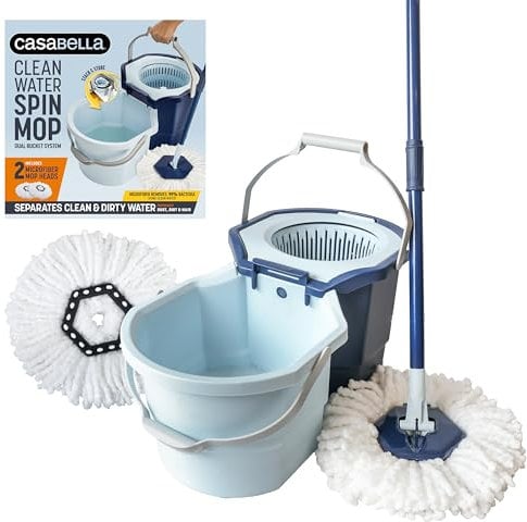 Casabella Clean Water Spin Mop System with Extra Mop Head Refill - Two-Bucket Design, Splash Guard, Built-in Measuring Cup, Scraper Tool, Easy Wring Pedal Spinner